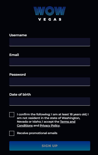 wow vegas signup page