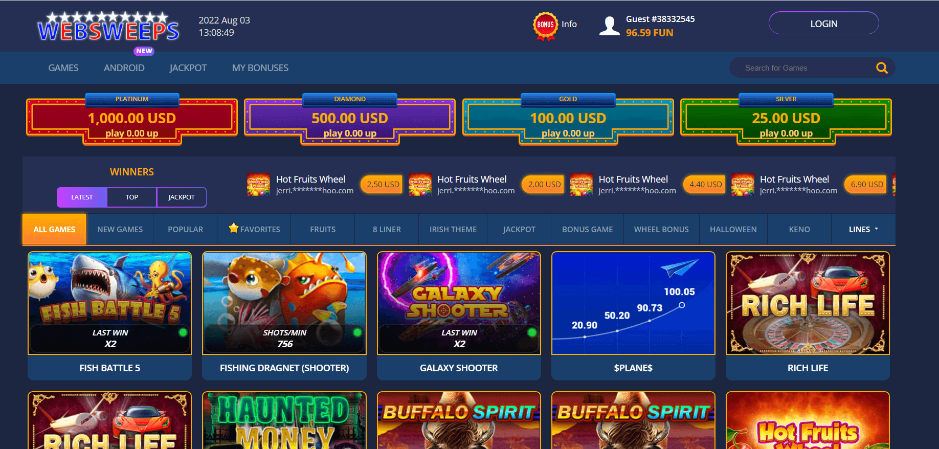 WebSweeps Casino games lobby