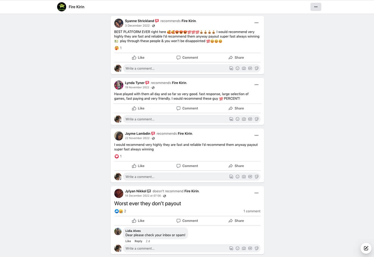 Fire Kirin Facebook Reviews