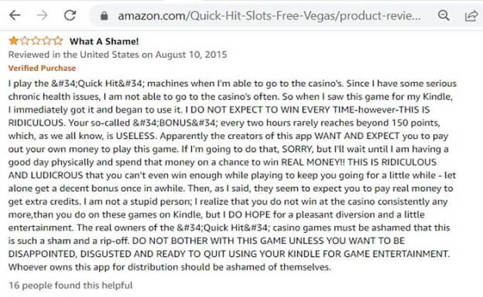 Quick Hit Slots Amazon Negative Review