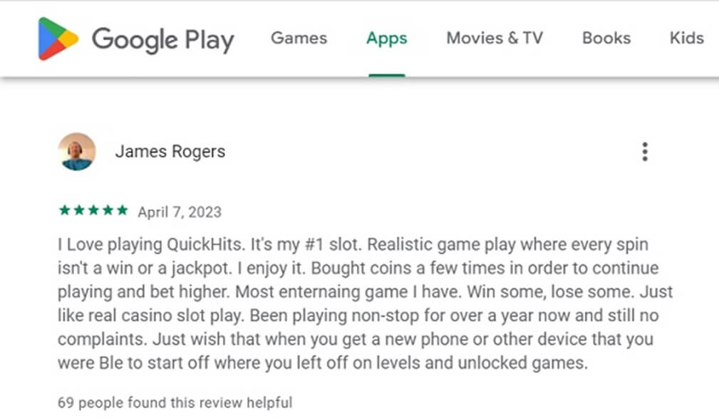 Quick Hit Slots Google Play Positive Review